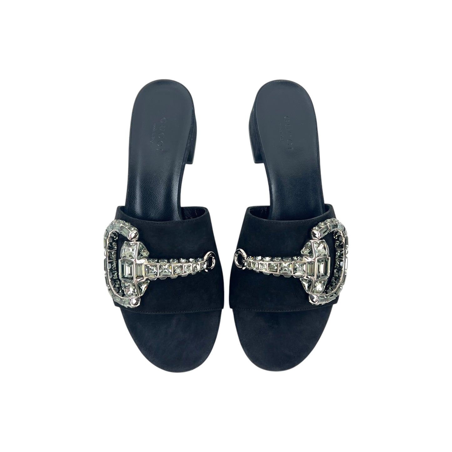 Gucci Rhinestone Horsebit Suede Sandals