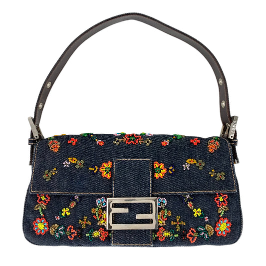 Fendi Denim Beaded Baguette Shoulder Bag