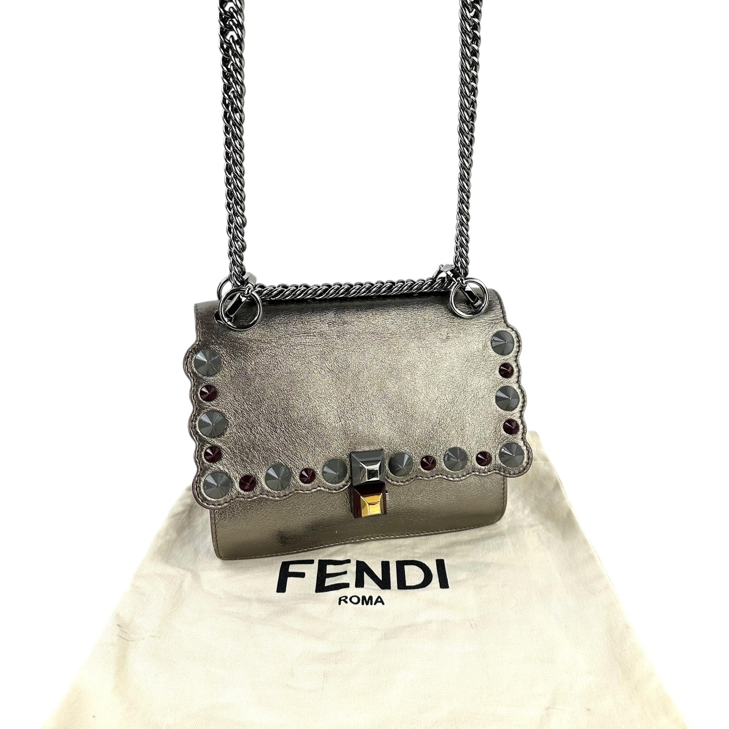 Fendi Mini Kan Studded Metallic Leather Chain Shoulder Bag