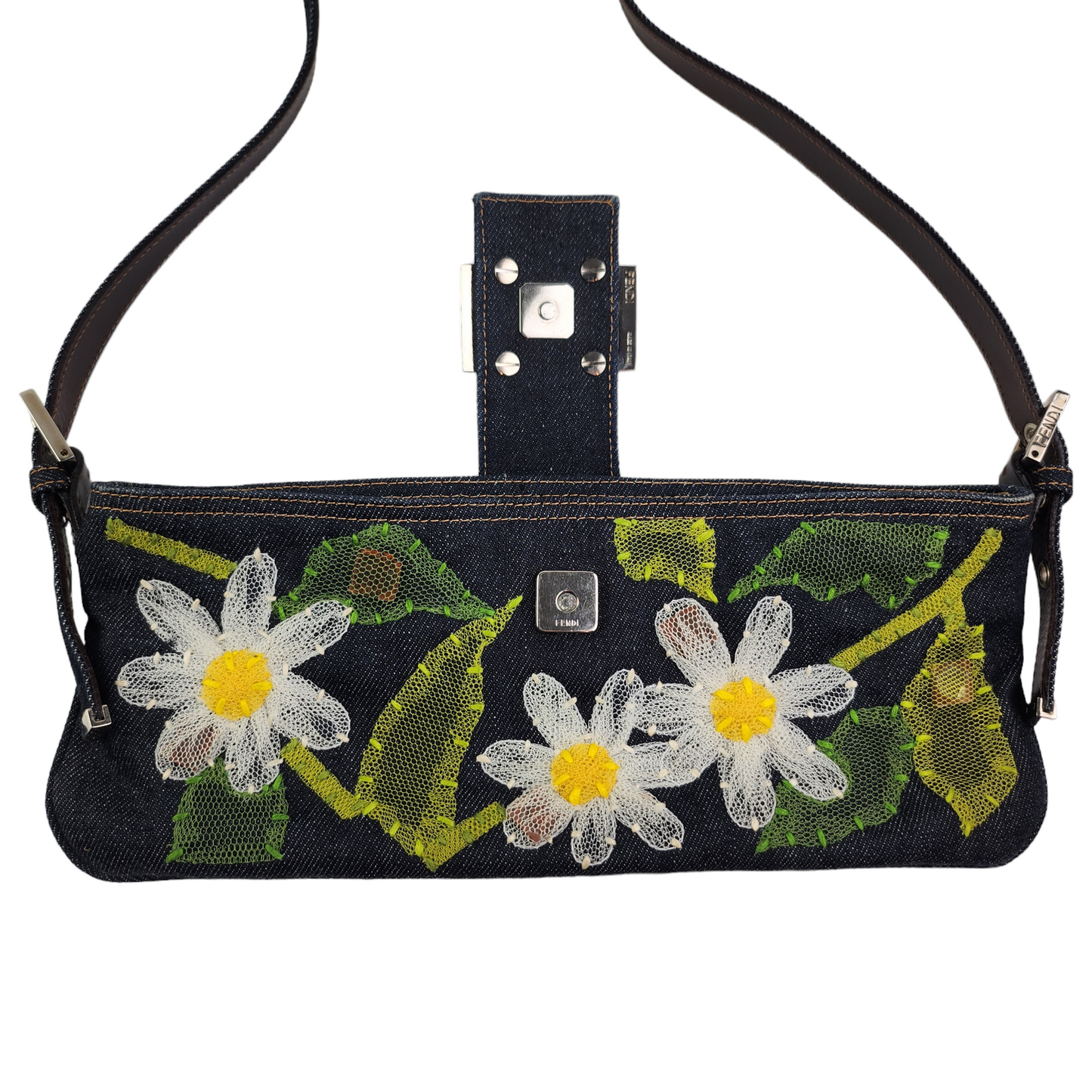 Fendi Denim Floral Baguette Crossbody Bag